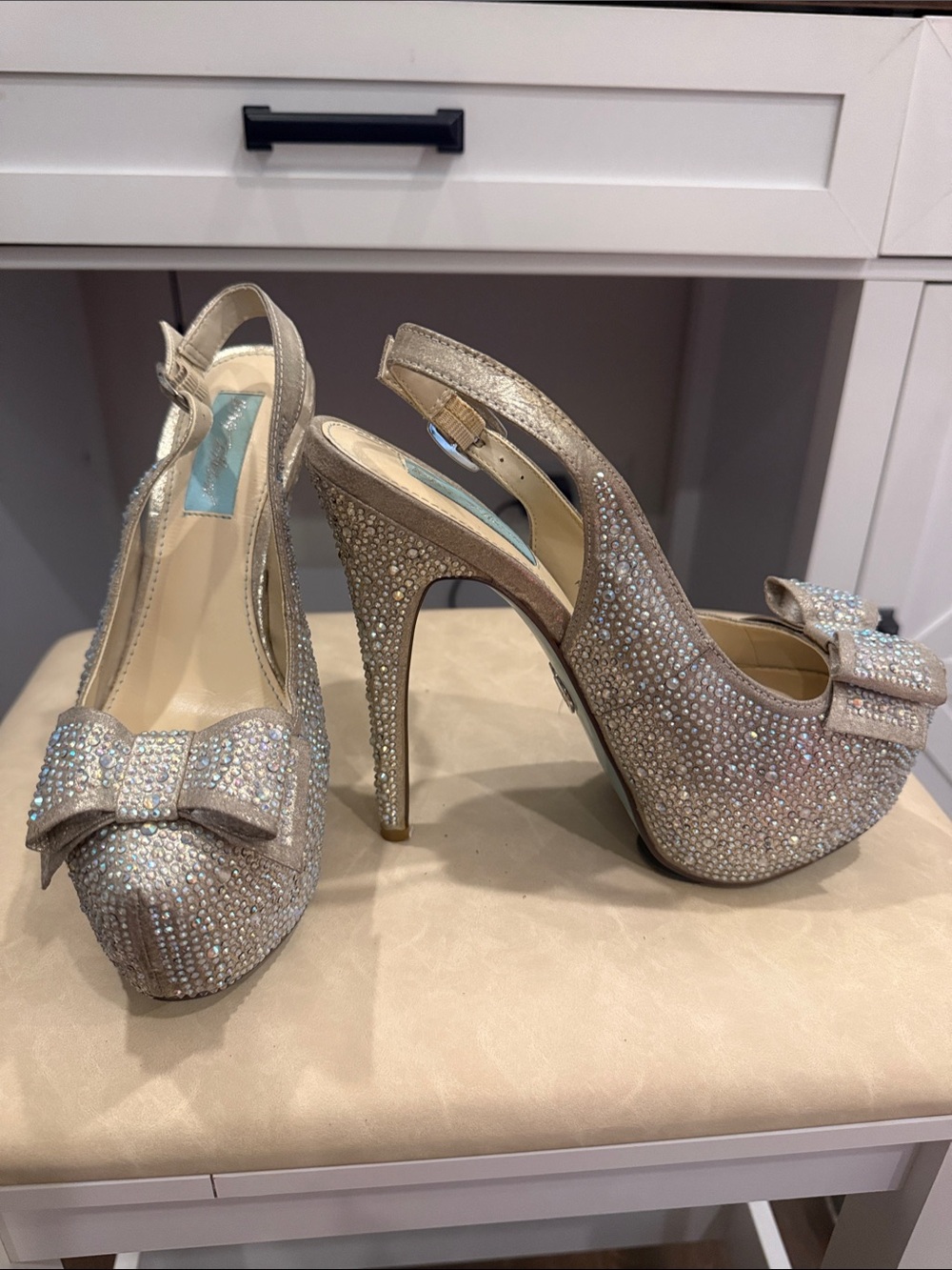 Betsey Johnson Champagne Crystal Bow Slingback Heels